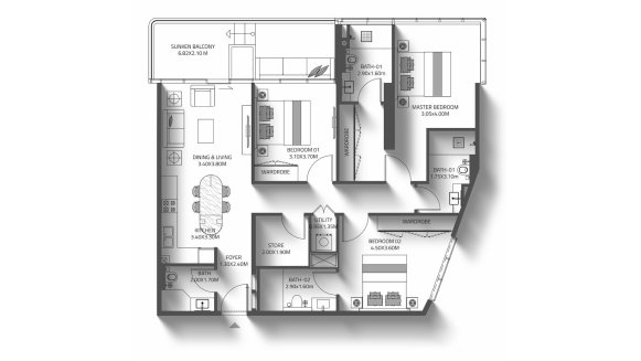 Планировка квартиры 3 спальни в ЖК REEF 998 Residences № 11013 (2D)
