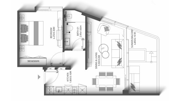 Планировка квартиры 1 спальня в ЖК REEF 998 Residences № 11009 (2D)